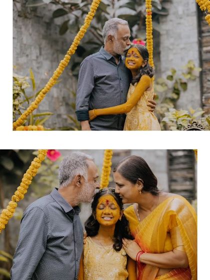 A collage from a Half Saree Haldi ceremony, capturing the love and blessings from family.