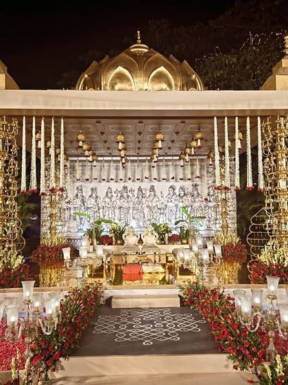 A detailed shot of the custom made brass mandap. Each element, from the domed roof to the intricate pillars, was designed to celebrate the rich heritage and timeless elegance of a traditional wedding.