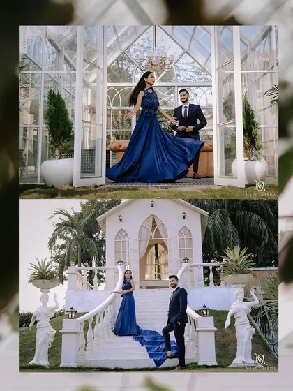 A fairytale-like pre-wedding scene. The bride's magnificent blue gown cascades down the white stairs, creating a truly magical and memorable photograph.