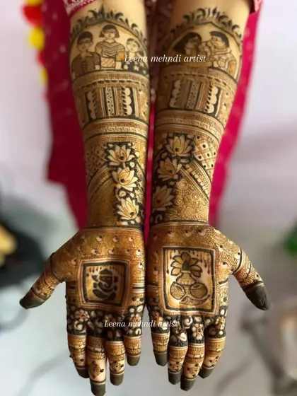 A personalized bridal design featuring portraits of the bride's family on the arms. The palms are decorated with a Ganesha motif and a bicycle, representing personal interests and blessings.