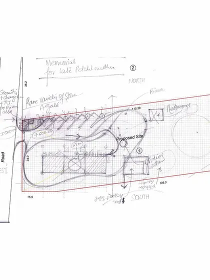 A preliminary site layout sketch for the Pechimuthu Memorial, exploring the circulation path, building placement, and landscaping strategy.