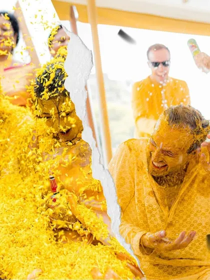A creative collage showing the groom's reaction to being covered in turmeric. The torn paper effect adds a modern, edgy feel to this traditional moment.