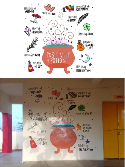 A "Positivity Potion" mural, listing ingredients like "Dash of Love" and "Hint of Gratitude" to promote a positive outlook.