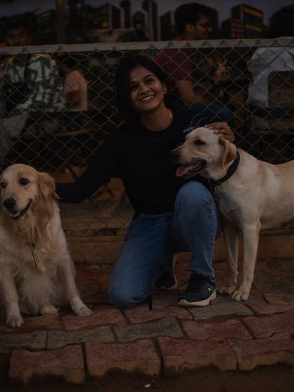A smiling visitor kneels between a Golden Retriever and a Labrador, petting both at once.