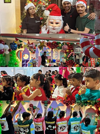 A collage from our festive Christmas party, showing the kids enjoying games, the team in Santa hats, and the overall joyful atmosphere.