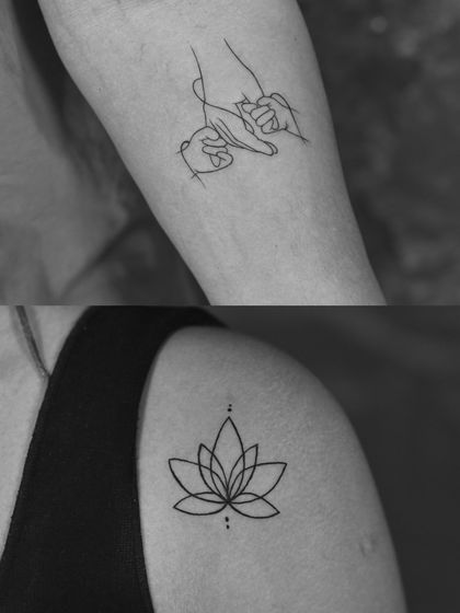 Two tattoos, one story. A fine-line drawing of hands holding, symbolizing connection, and a clean, elegant lotus flower for spiritual growth.