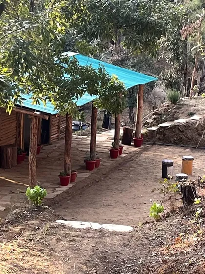 The pathway leading to the rooms at the campsite in Mukteshwar. The entire place is designed to blend in with its natural surroundings.