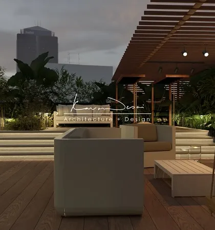 A multi-level terrace designed for entertaining. The combination of wooden decking, integrated planters, and comfortable lounge furniture creates a warm and inviting outdoor living room.