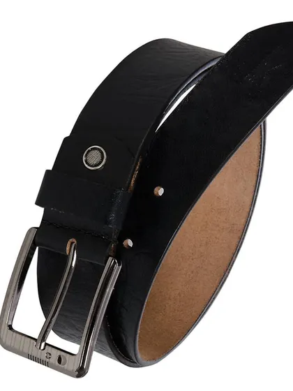A formal men's belt in black textured leather with a polished silver-tone buckle. Its sleek and professional design makes it an essential accessory for corporate attire.