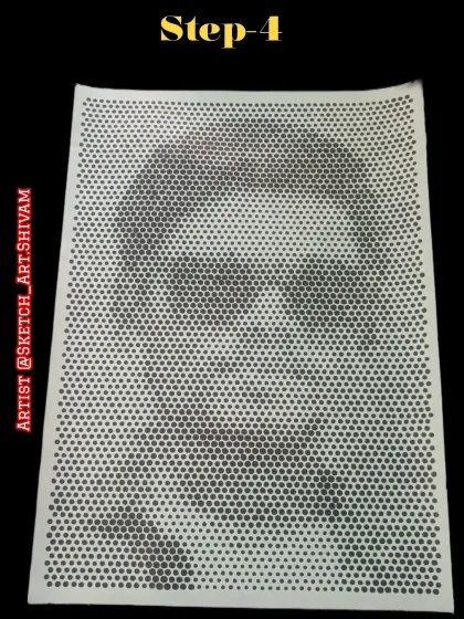 Step 4 of the dot portrait: the face is now clearly visible, created entirely from filled-in dots.