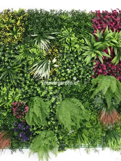 This vertical garden panel combines deep greens with rich burgundy and white-accented leaves, offering a more colorful and dynamic wall option.