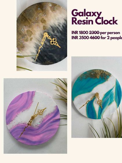 A promotional graphic for our Galaxy Resin Clock workshop, with a special offer for two people. It's a perfect creative date idea.