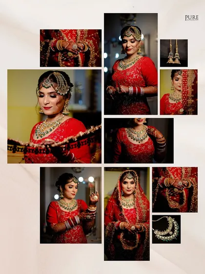 A stunning collage celebrating the bride on her wedding day. It highlights every detail, from her intricate jewelry and kaleere to her beautiful red lehenga.