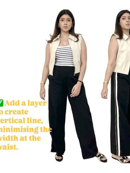 This image demonstrates a great tip for minimizing waist width. Adding a third layer, like this open vest, creates a strong vertical line that visually slims the midsection.