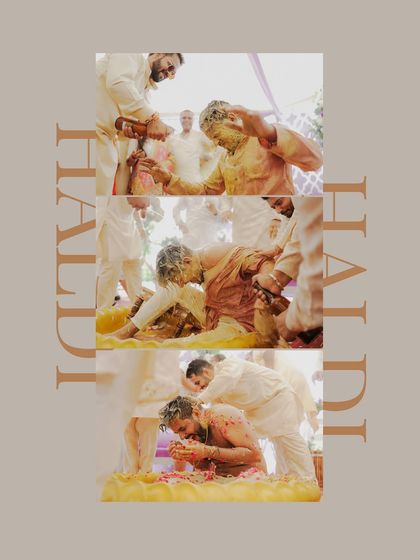 A vertical collage capturing the sequence of a groom's haldi, from the first pour to being covered in petals.