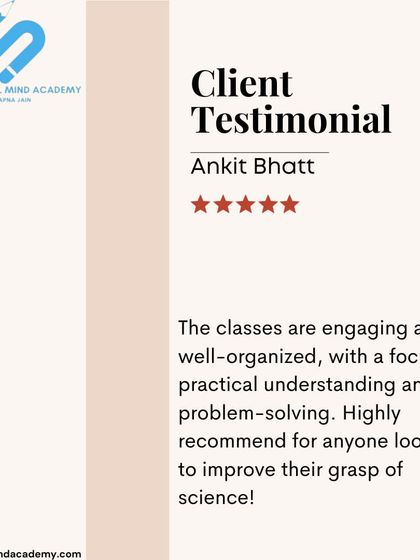 A testimonial from Ankit Bhatt recommending our Science classes for their engaging, well-organized structure with a focus on practical understanding and problem-solving.