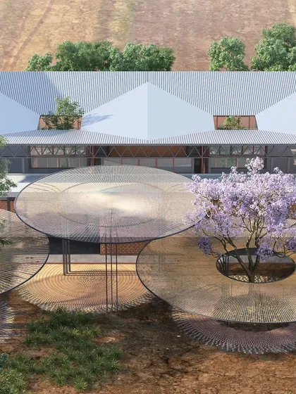 An aerial render focusing on the circular canopies that create shaded outdoor spaces around existing trees.