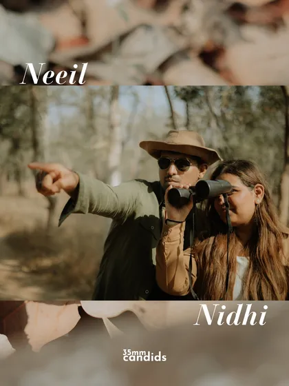 A graphic introducing Neeil and Nidhi during their jungle adventure. The couple is seen using binoculars, fully immersed in the safari experience.