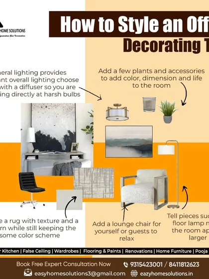 We transform standard offices into dynamic workspaces. This graphic outlines our core principles for office styling, focusing on how elements like ergonomic furniture, smart lighting, and designated lounge areas can boost productivity and reflect your company's culture.