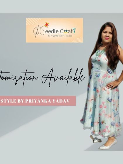 A client looking graceful in a custom-fit floral Anarkali-style gown, perfect for daytime events.