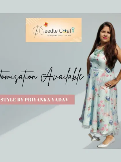 A client looking graceful in a custom-fit floral Anarkali-style gown, perfect for daytime events.