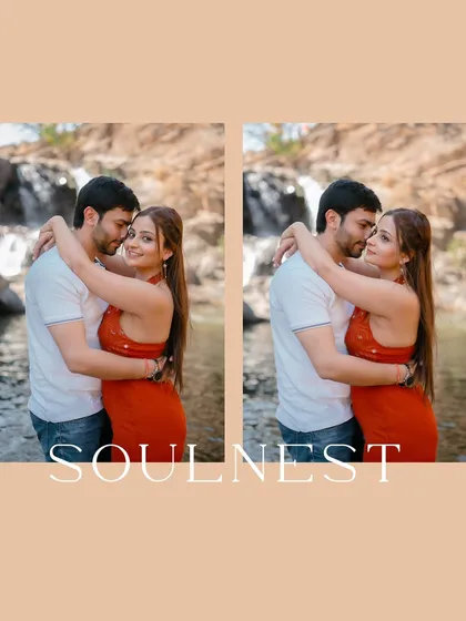 A diptych of intimate embraces with a "Soulnest" text overlay, capturing the feeling of finding a home in each other.