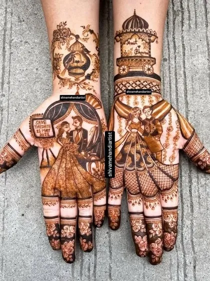 A fairytale-themed mehendi with portraits of the couple in western attire, a "Save the Date" message, and romantic motifs like a birdcage.