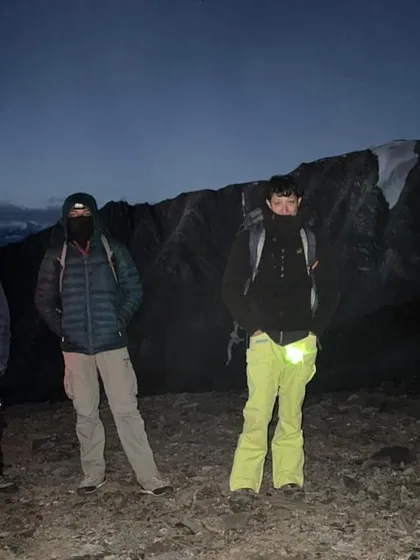 An early morning start on the Yunam Peak expedition, with the peak visible in the distance.