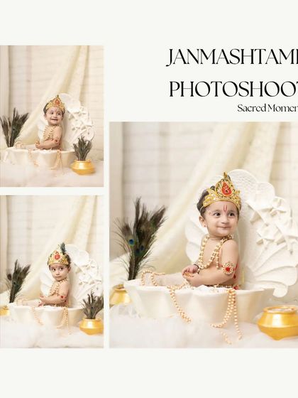 A collage showcasing different angles and moments from the Janmashtami photoshoot. It provides a complete look at the beautiful setup, the baby's costume, and the sacred, joyful atmosphere of the session.