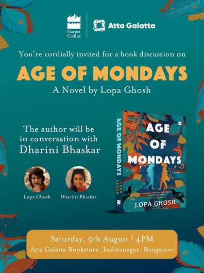 Poster for a book talk on 'Age of Mondays' with author Lopa Ghosh, exploring themes of childhood and magical realism.