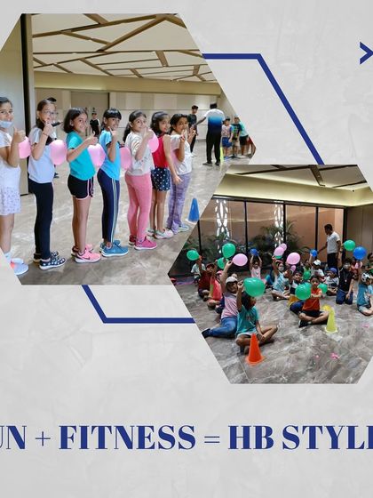 Fun and fitness come together in HB style. This collage shows young children participating in balloon games and group activities, proving that exercise can be enjoyable.