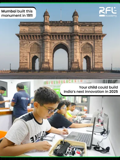 From historical monuments to future innovations. This creative graphic contrasts Mumbai's past with the future your child could build at our Summer Camp.