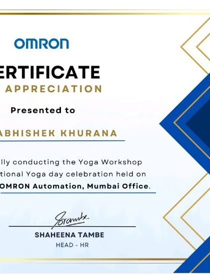 I am grateful to have received this certificate of appreciation from Omron for conducting a yoga workshop.