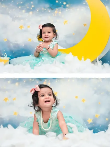 Two photos from a celestial-themed sitter session. The top photo shows her sitting happily on the moon, while the bottom one captures her joyful expression as she crawls through the clouds.