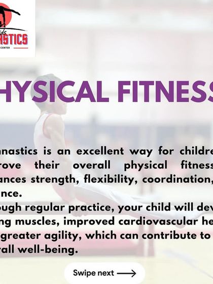 This graphic explains how gymnastics is a fantastic way to improve a child's overall physical fitness. Regular practice builds strong muscles, enhances cardiovascular health, and improves agility.