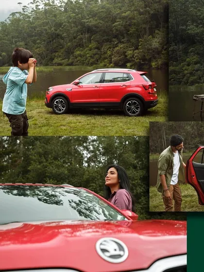 A collage from the Skoda Kushaq image bank photoshoot, capturing a family enjoying an adventurous road trip.