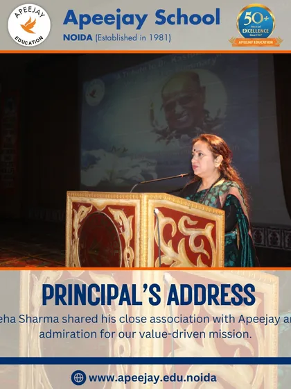 Our Principal, Dr. Neha Sharma, shared her admiration for Dr. Kasturirangan's value-driven mission during her address. She spoke of his close association with Apeejay and his impact on education.