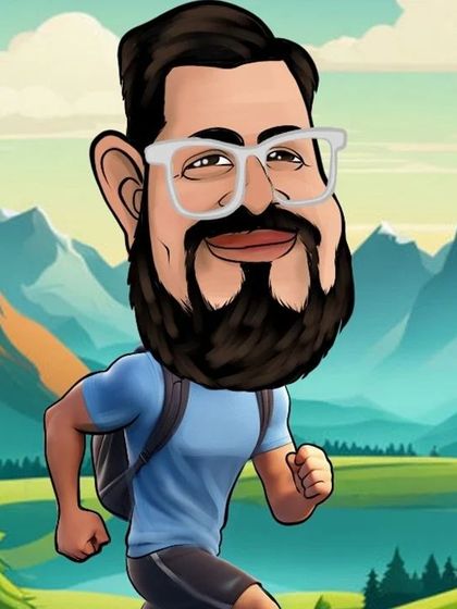 A digital caricature of a man running, created as a corporate farewell gift. The mountain background adds a sense of adventure.