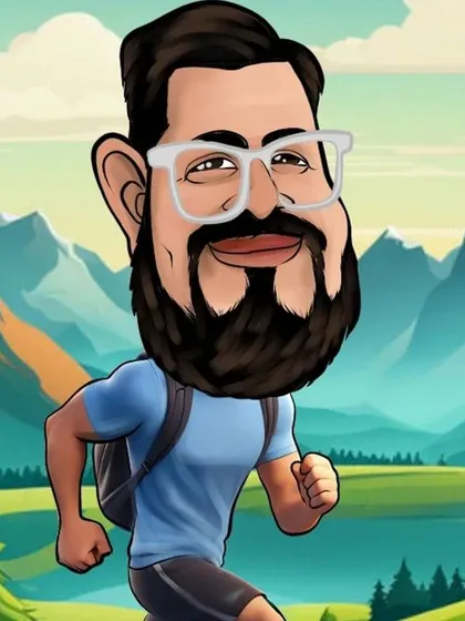 A digital caricature created for a corporate client, showing their colleague as a runner in a beautiful mountain landscape.