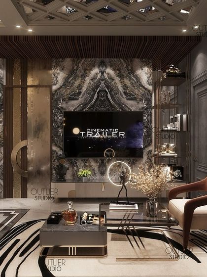 Where ideas meet aesthetics. This living area combines a dramatic book-matched marble TV wall with a coffered ceiling and unique animal-print chairs, creating a space that is both artistic and livable.