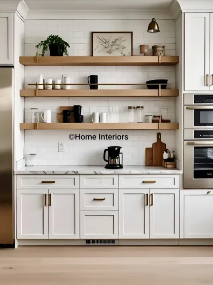 A showcase of classic elegance with modern convenience. This kitchen features timeless white shaker-style cabinets, a full-height unit with integrated ovens, and beautiful open shelving for decor. The stainless steel appliances and marble-look countertop complete this sophisticated design.