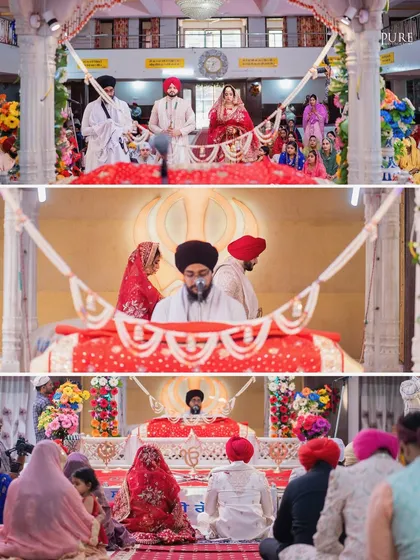 This collage captures the key moments of the Anand Karaj. Our team ensures we cover multiple angles, from wide shots of the Gurdwara to intimate close-ups of the couple.