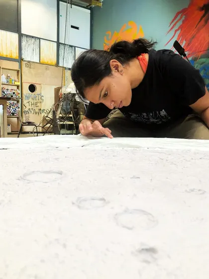 I am fascinated by the moon, and I created this large, textured sculpture to capture its cratered surface. Made with cement, this piece, nicknamed 'Neesa', was a satisfying process of sculpting and texturing to bring a little piece of the cosmos into a home.