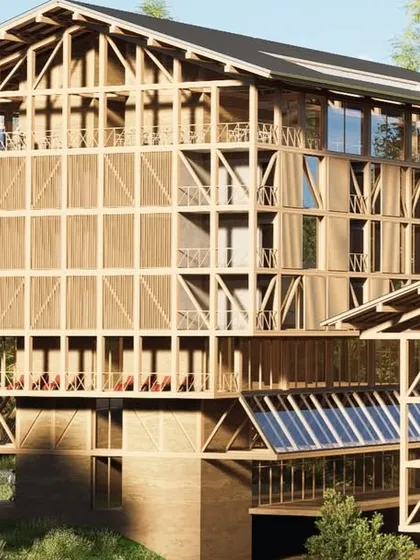 This rendering details the intricate cross-bracing of the timber structure for the Kashmir hotel project. The design creates a patchwork-like facade that is both functional and evocative of the traditional Dhajji Dewari textile-like appearance.