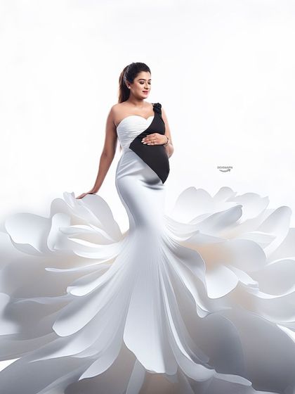 A unique black and white gown with a dramatic, petal-like skirt. This is a high-fashion look for the client who wants a truly artistic and memorable maternity portrait.