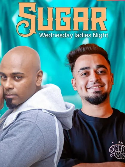 A flyer for a 'Sugar' Wednesday Ladies Night with a tropical, leafy background.