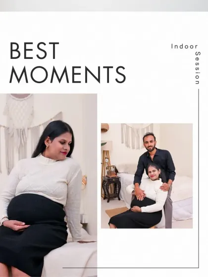 This graphic highlights the "Best Moments" from an indoor session, featuring a solo portrait and a couple's shot from our cozy Boho bedroom set.