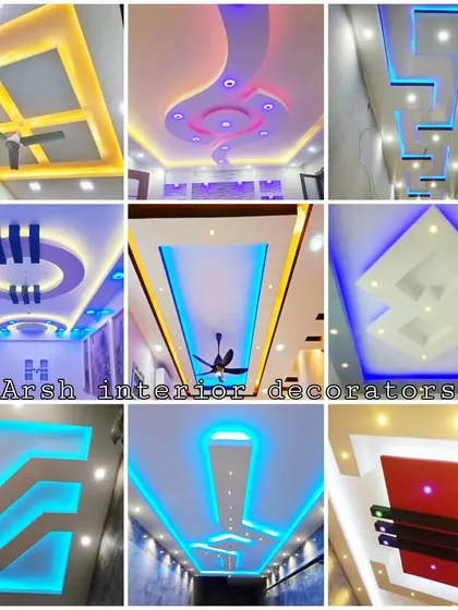 A collage of my stunning false ceiling designs where colorful lighting is the star. These examples show how I use blue, yellow, and pink LEDs to create vibrant and modern spaces.