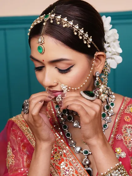 A delicate moment captured, showing the intricate details of the 'Zehra' look, from the precise winged liner to the soft, peachy-bronze cheeks.