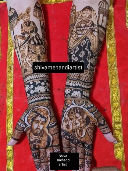 A regal bridal mehendi design featuring portraits of the couple in royal attire. The groom is depicted on a horse, and the bride is shown in a traditional pose, with intricate floral patterns filling the rest of the arms.